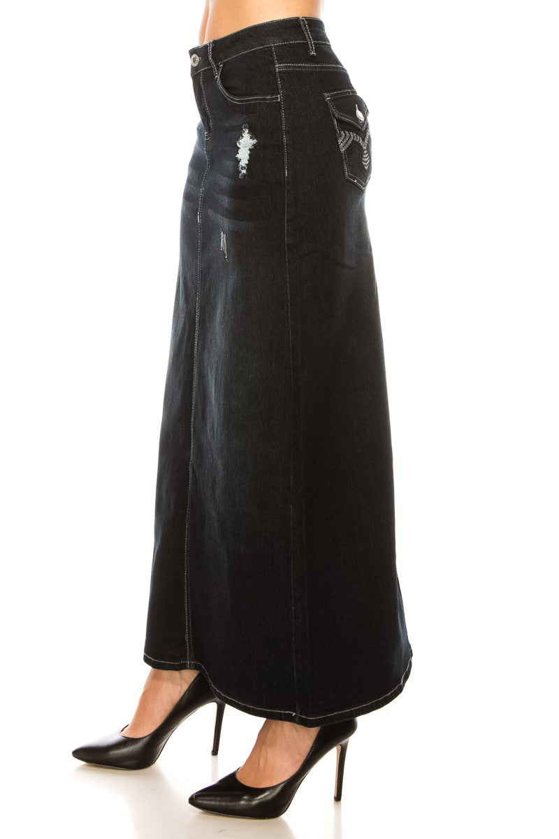 MAXI W/ EMBROIDERED POCKET, DISTRESS ON FRONT