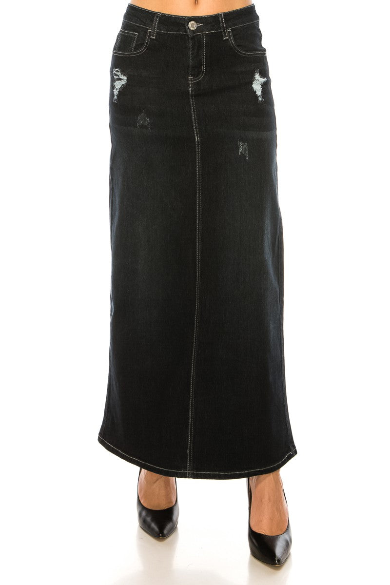 MAXI W/ EMBROIDERED POCKET, DISTRESS ON FRONT