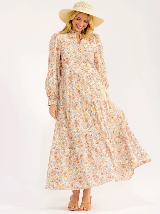 BUTTON UP TIERED FLORAL MAXI DRESS