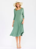 3/4 SLEEVE FIT & FLARE SOLID MIDI DRESS