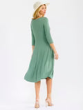 3/4 SLEEVE FIT & FLARE SOLID MIDI DRESS
