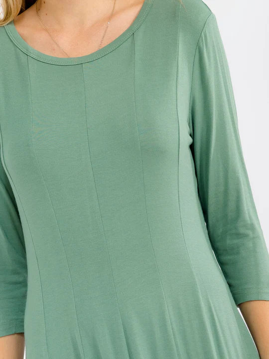 3/4 SLEEVE FIT & FLARE SOLID MIDI DRESS