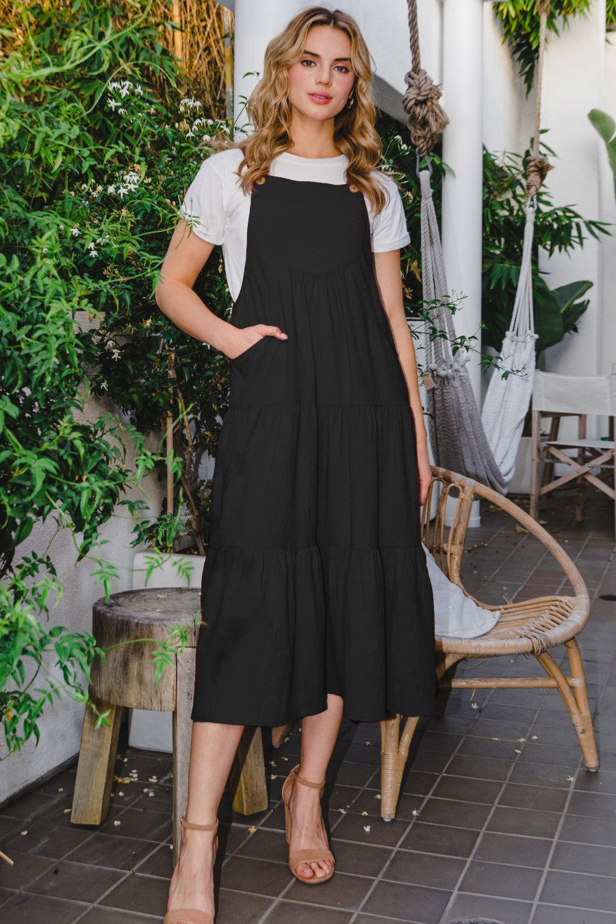 Roxy's Solid Button Sling Tiered Midi Dress