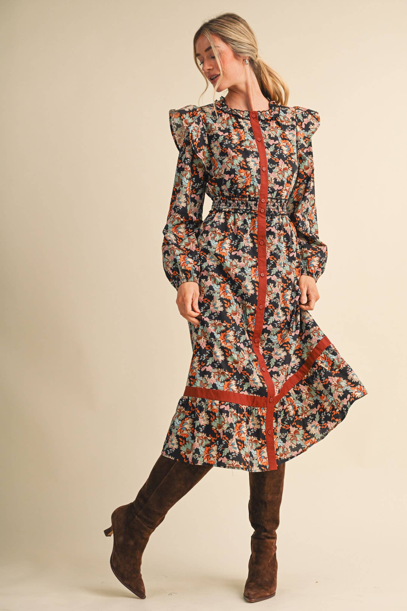 FLORAL BUTTON DOWN CONTRAST BINDING MIDI DRESS MDR5246