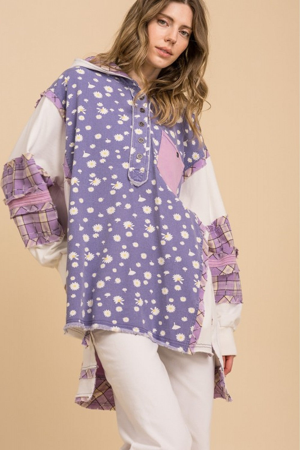 FLORAL PRINT DENIM MIX HOODIE PULLOVER HENLEY TOP OVERSIZED FIT