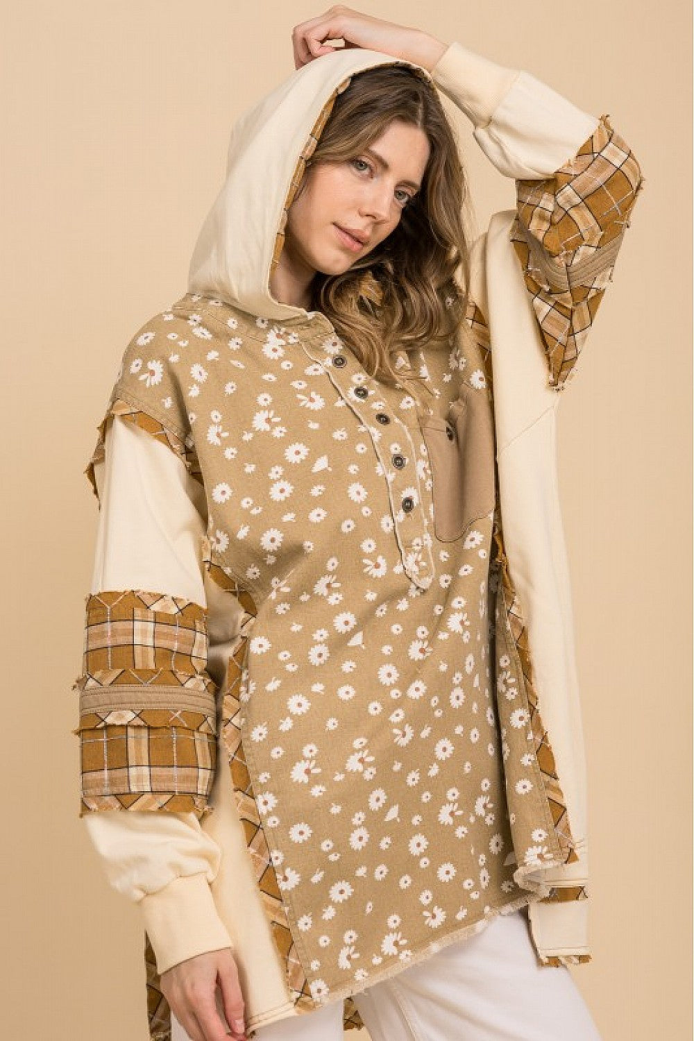 FLORAL PRINT DENIM MIX HOODIE PULLOVER HENLEY TOP OVERSIZED FIT