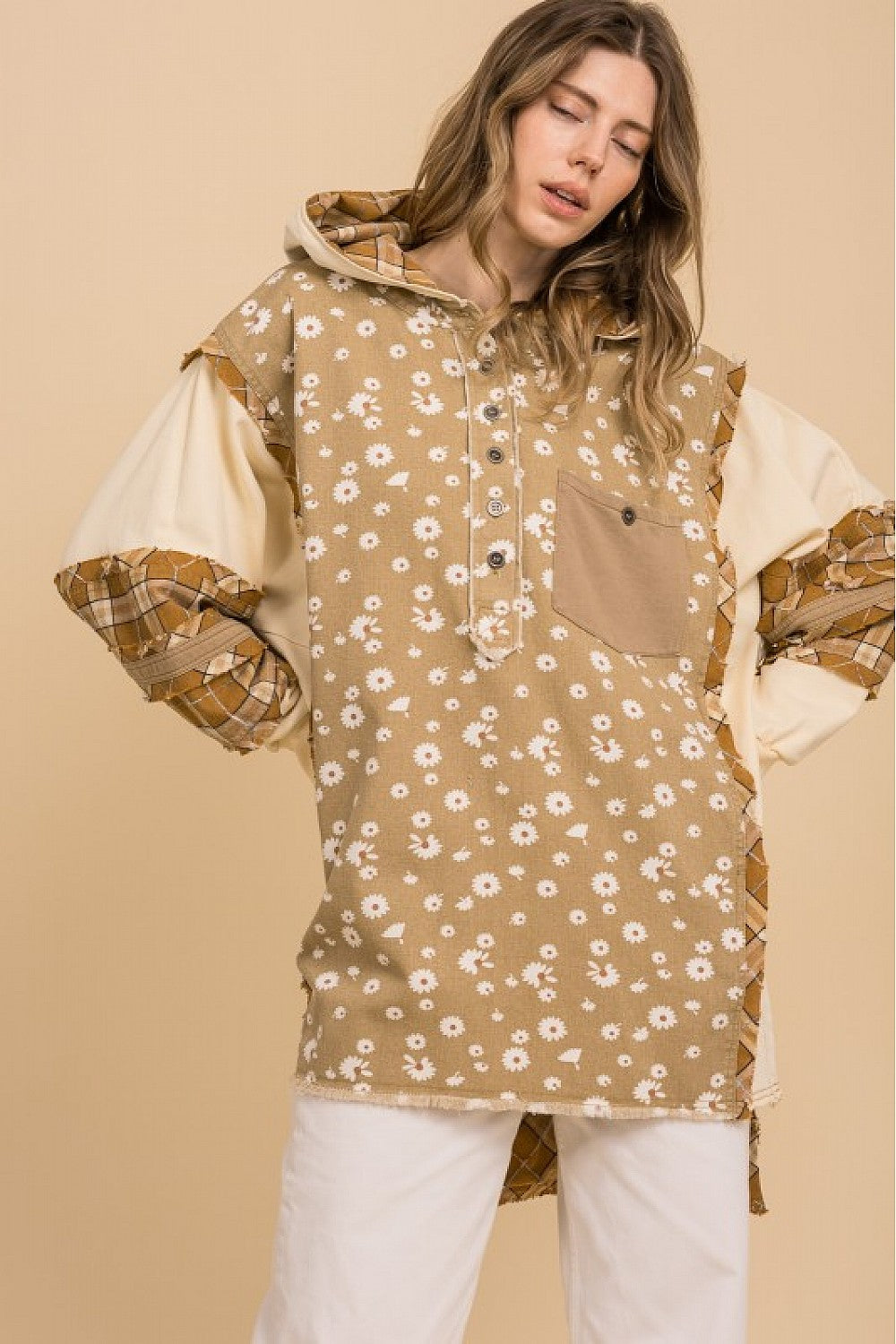 FLORAL PRINT DENIM MIX HOODIE PULLOVER HENLEY TOP OVERSIZED FIT