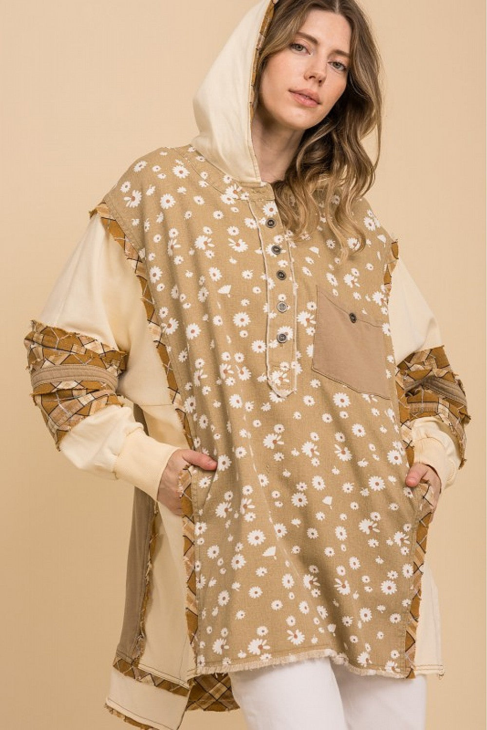 FLORAL PRINT DENIM MIX HOODIE PULLOVER HENLEY TOP OVERSIZED FIT