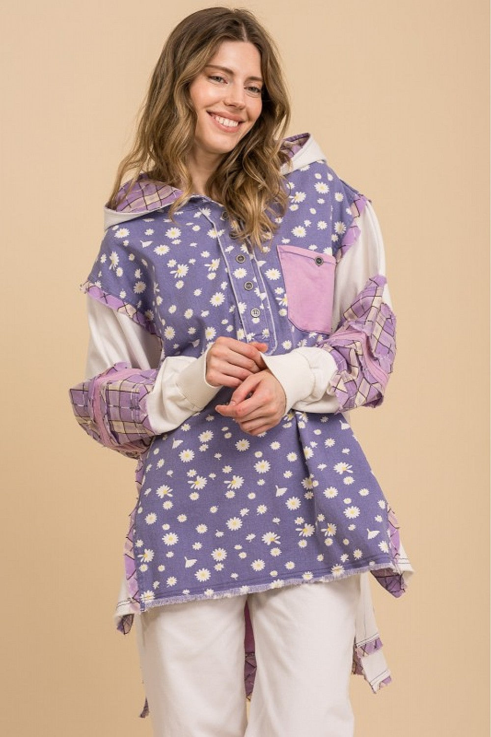 FLORAL PRINT DENIM MIX HOODIE PULLOVER HENLEY TOP OVERSIZED FIT