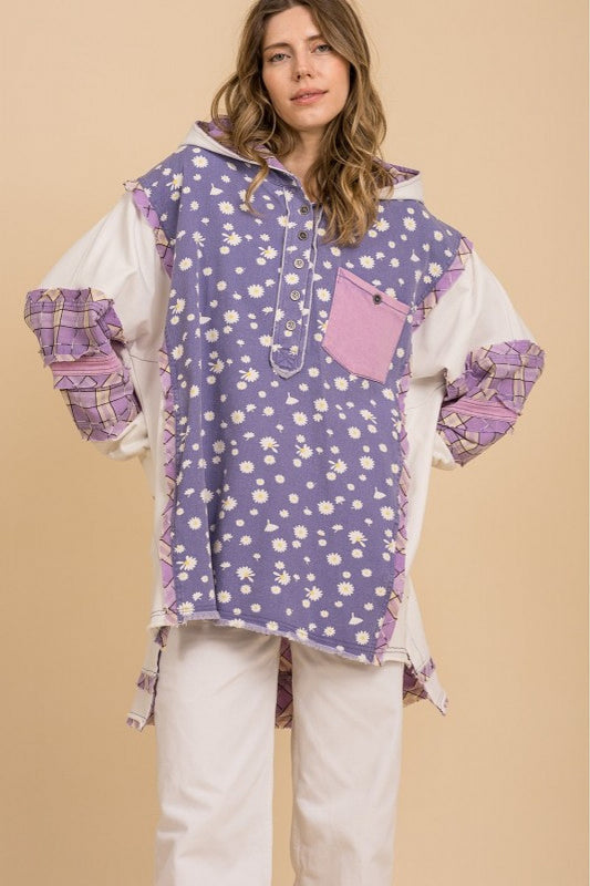 FLORAL PRINT DENIM MIX HOODIE PULLOVER HENLEY TOP OVERSIZED FIT
