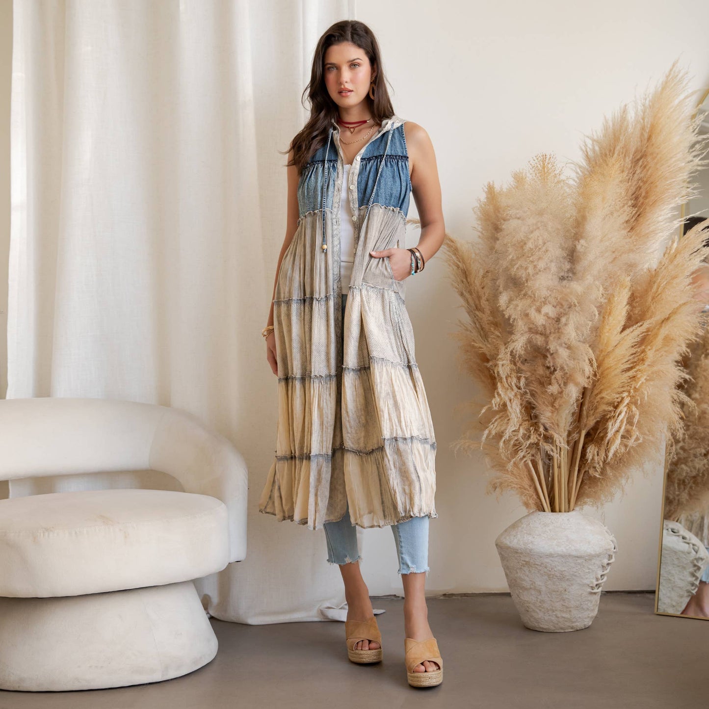 Boho Tiered Sleeveless Maxi Button