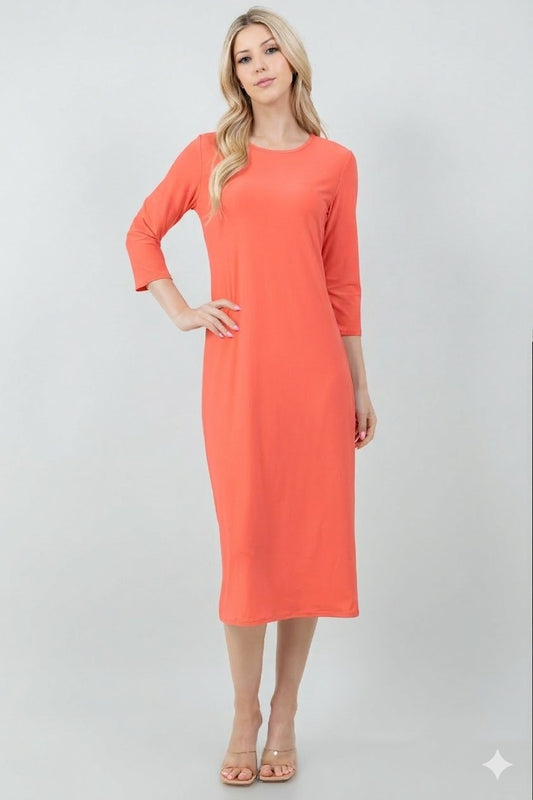 3/4 SLEEVE LAYERING DRESS> CORAL