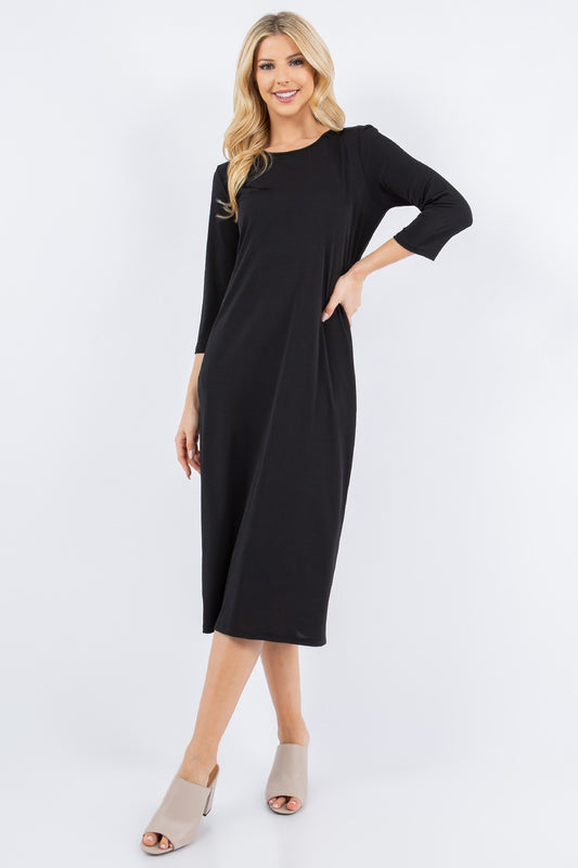3/4 SLEEVE LAYERING DRESS> BLACK