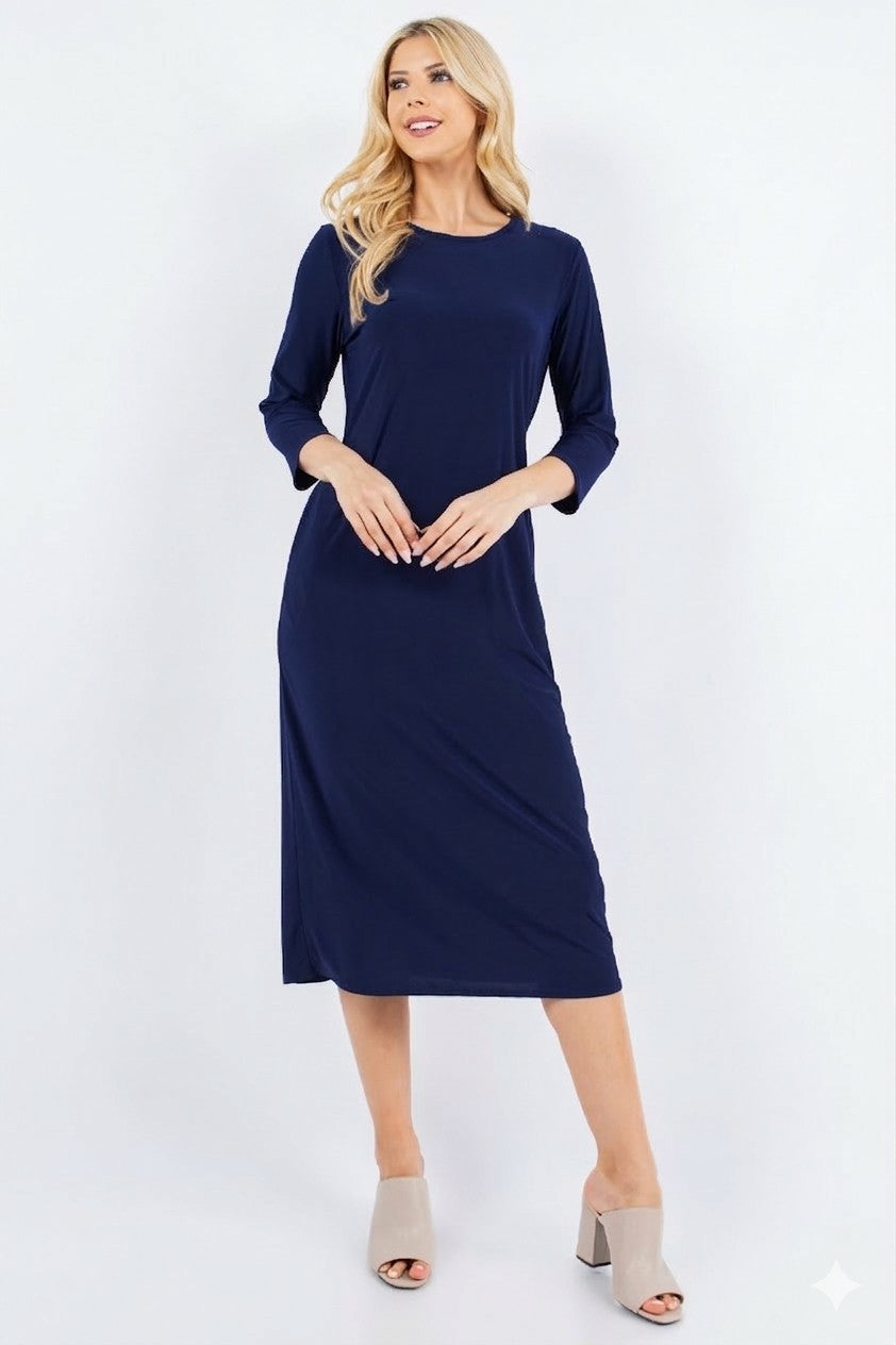 3/4 SLEEVE LAYERING DRESS> NAVY