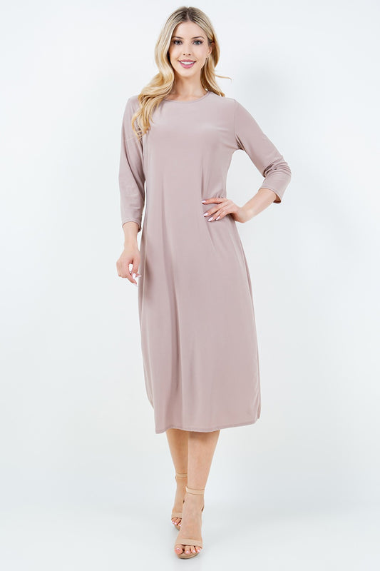 3/4 SLEEVE LAYERING DRESS> TAN