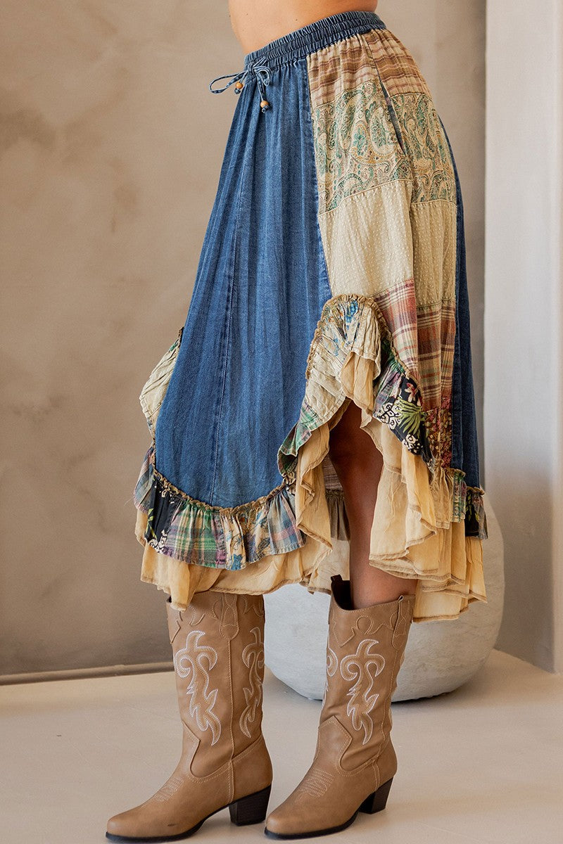Midnight Prairie Patchwork Midi Skirt Plus