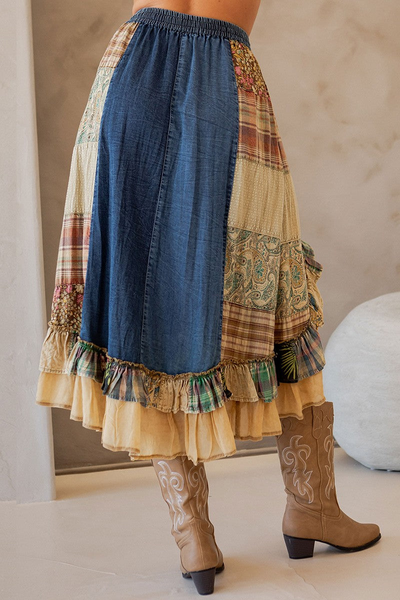 Midnight Prairie Patchwork Midi Skirt Plus