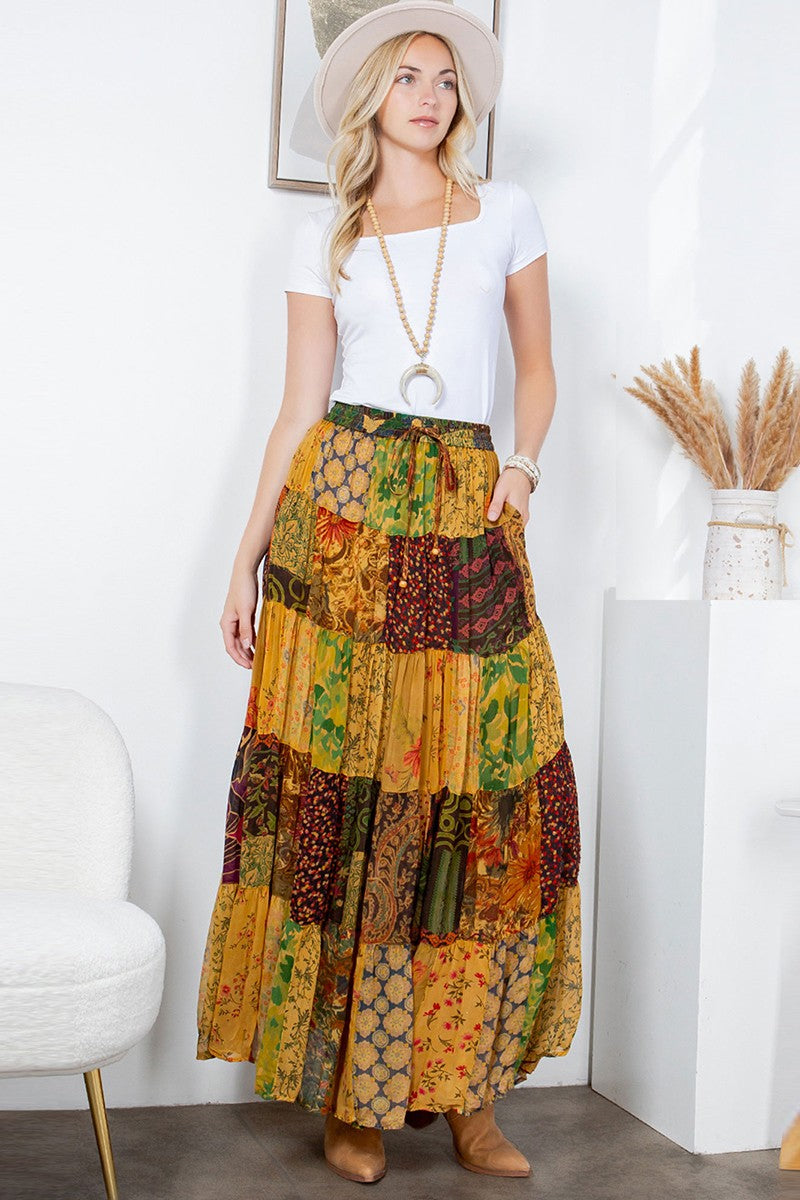 Rustic Boho Patchwork Maxi Skirt New