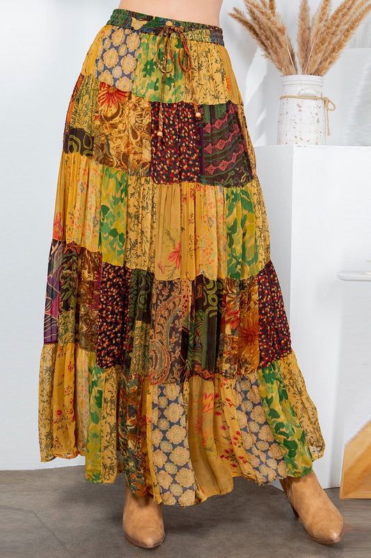 Rustic Boho Patchwork Maxi Skirt New