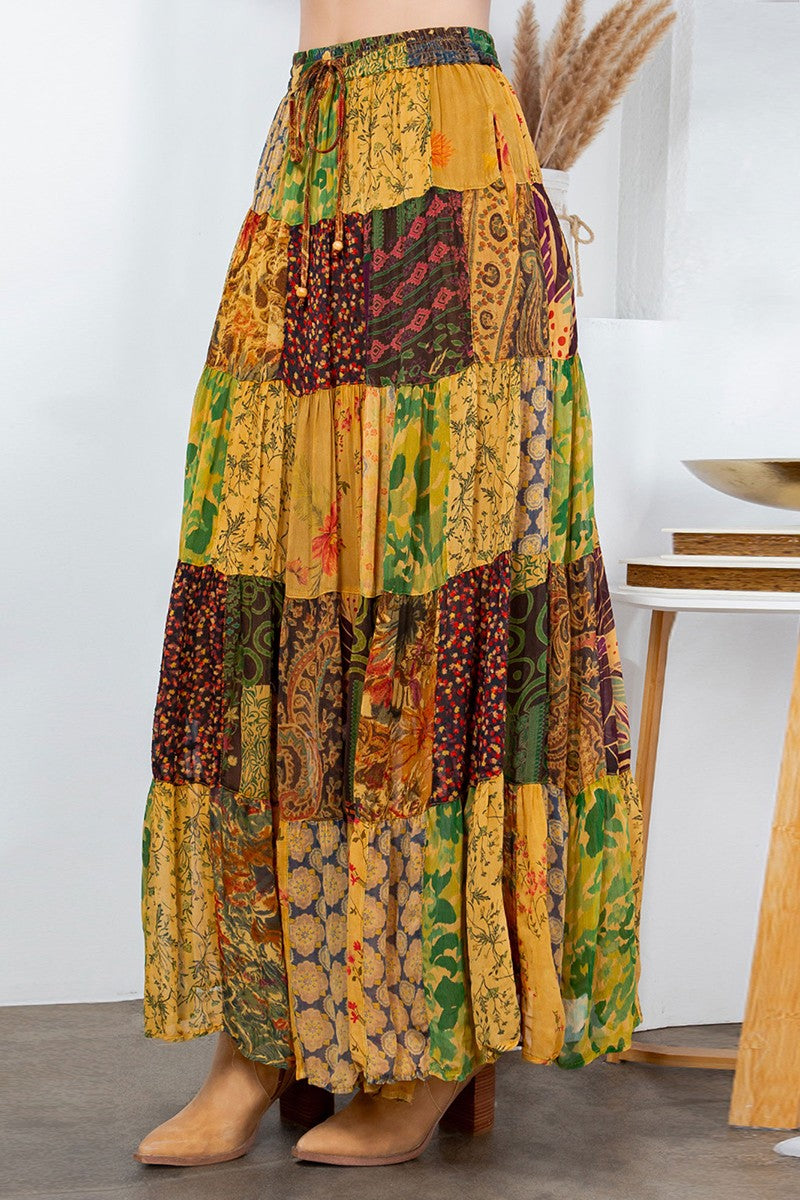 Rustic Boho Patchwork Maxi Skirt New