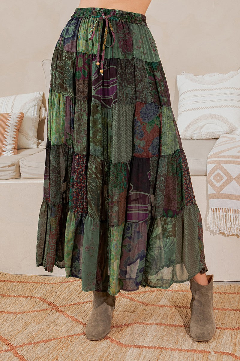 Rustic Boho Patchwork Maxi Skirt New