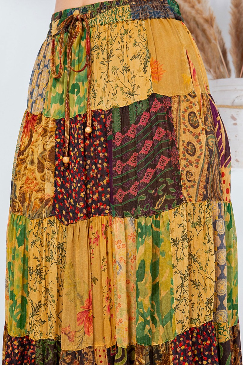 Rustic Boho Patchwork Maxi Skirt New