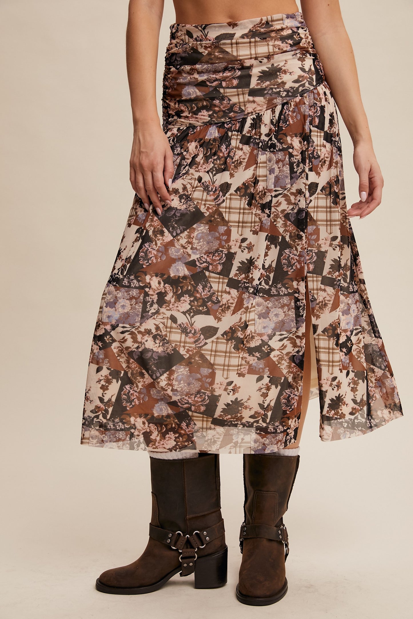 Floral Patch Work Print Airy Power Mesh Maxi Skirt