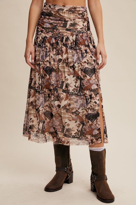 Floral Patch Work Print Airy Power Mesh Maxi Skirt