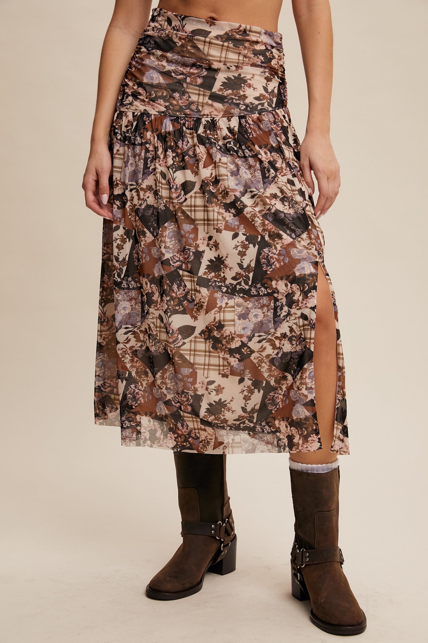 Floral Patch Work Print Airy Power Mesh Maxi Skirt