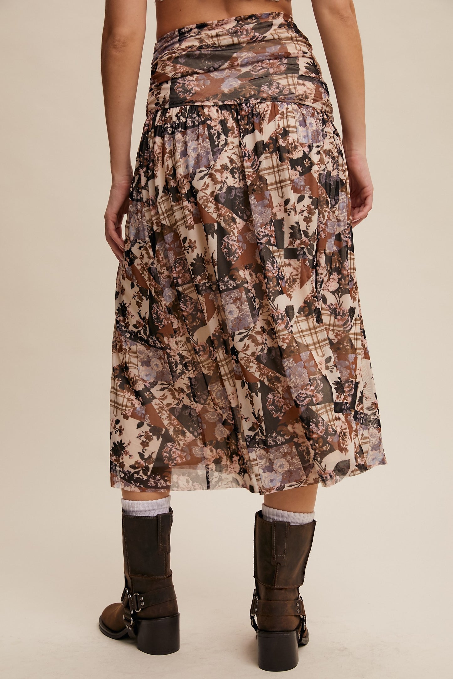 Floral Patch Work Print Airy Power Mesh Maxi Skirt