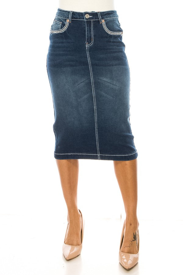 DENIM SKRIT: INDIGO WASH W/ BLUE, TAN, WHITE, AND ORANGE THREAD