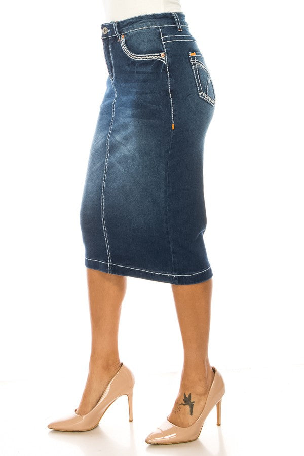 DENIM SKRIT: INDIGO WASH W/ BLUE, TAN, WHITE, AND ORANGE THREAD