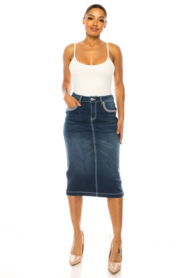 DENIM SKRIT: INDIGO WASH W/ BLUE, TAN, WHITE, AND ORANGE THREAD