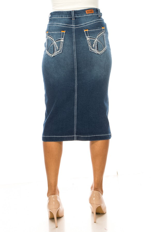 DENIM SKRIT: INDIGO WASH W/ BLUE, TAN, WHITE, AND ORANGE THREAD