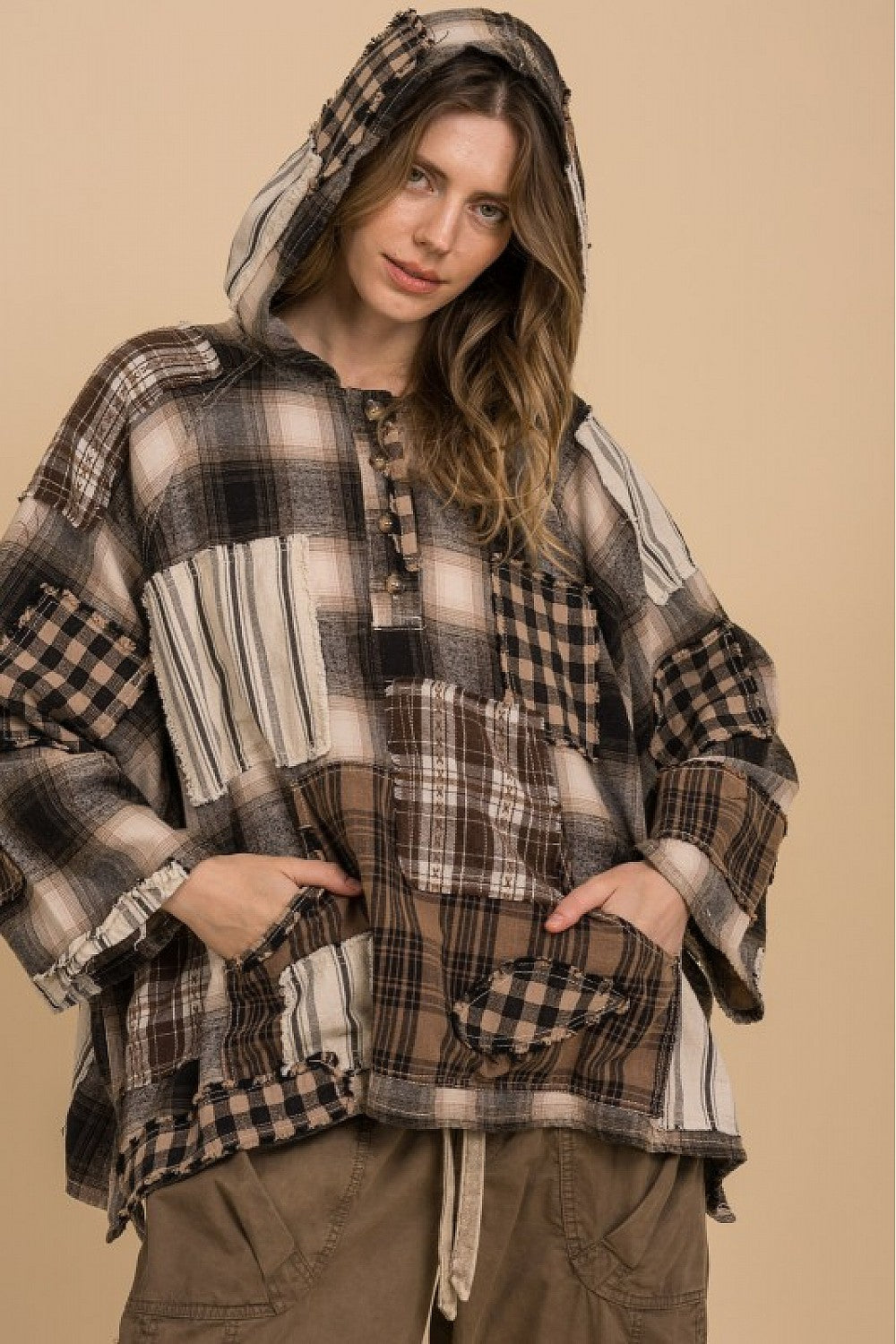 FLANNEL PATCHWORK 3/4 SLEEVE PULLOVER HOODIE