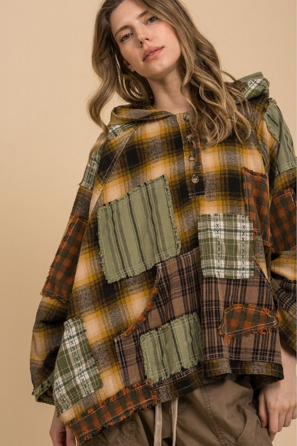FLANNEL PATCHWORK 3/4 SLEEVE PULLOVER HOODIE