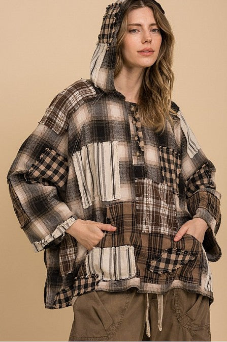 FLANNEL PATCHWORK 3/4 SLEEVE PULLOVER HOODIE