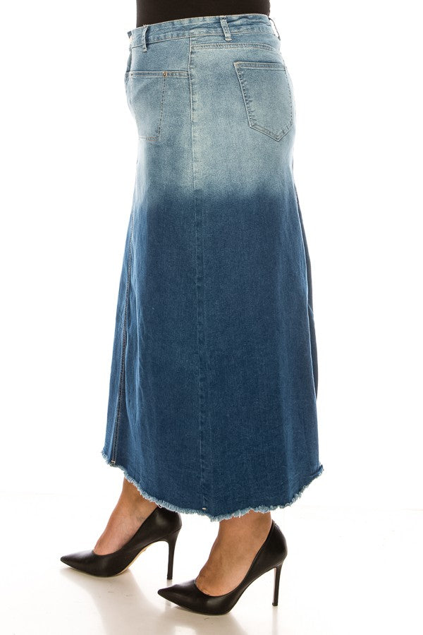 DENIM SKIRT> OMBRE> MAXI> PLUS SIZE> RAW HEM