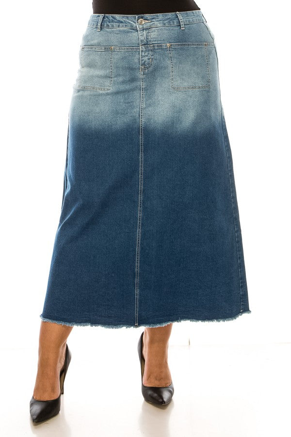 DENIM SKIRT> OMBRE> MAXI> PLUS SIZE> RAW HEM