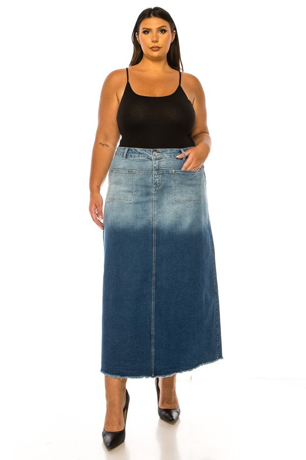 DENIM SKIRT> OMBRE> MAXI> PLUS SIZE> RAW HEM