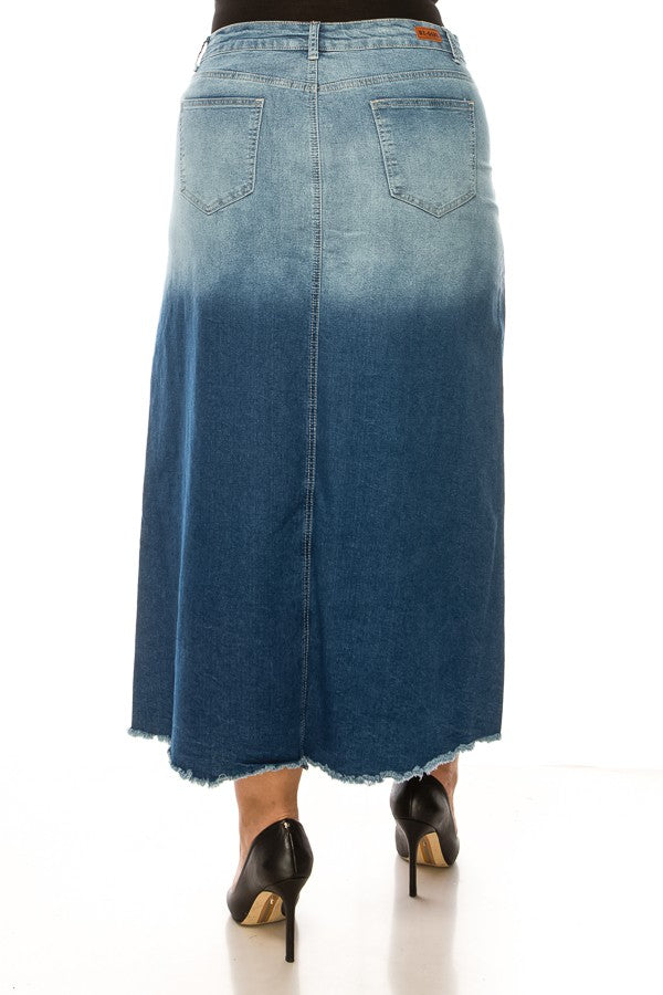 DENIM SKIRT> OMBRE> MAXI> PLUS SIZE> RAW HEM