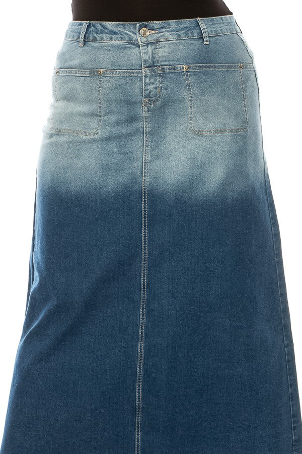 DENIM SKIRT> OMBRE> MAXI> PLUS SIZE> RAW HEM