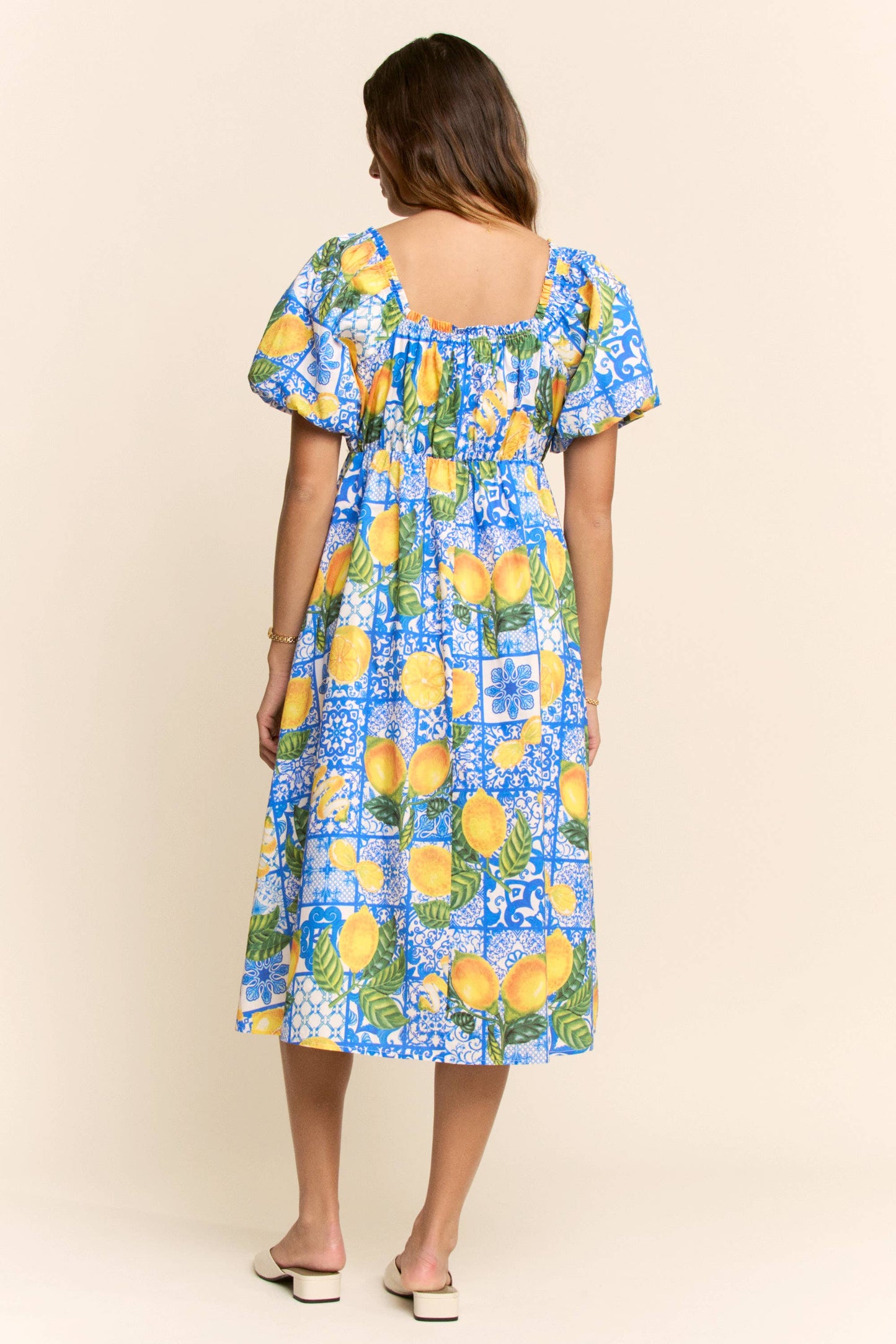 PLUS LEMON AZULEJO PUFFED SLEEVE SMOCK MIDI DRESS