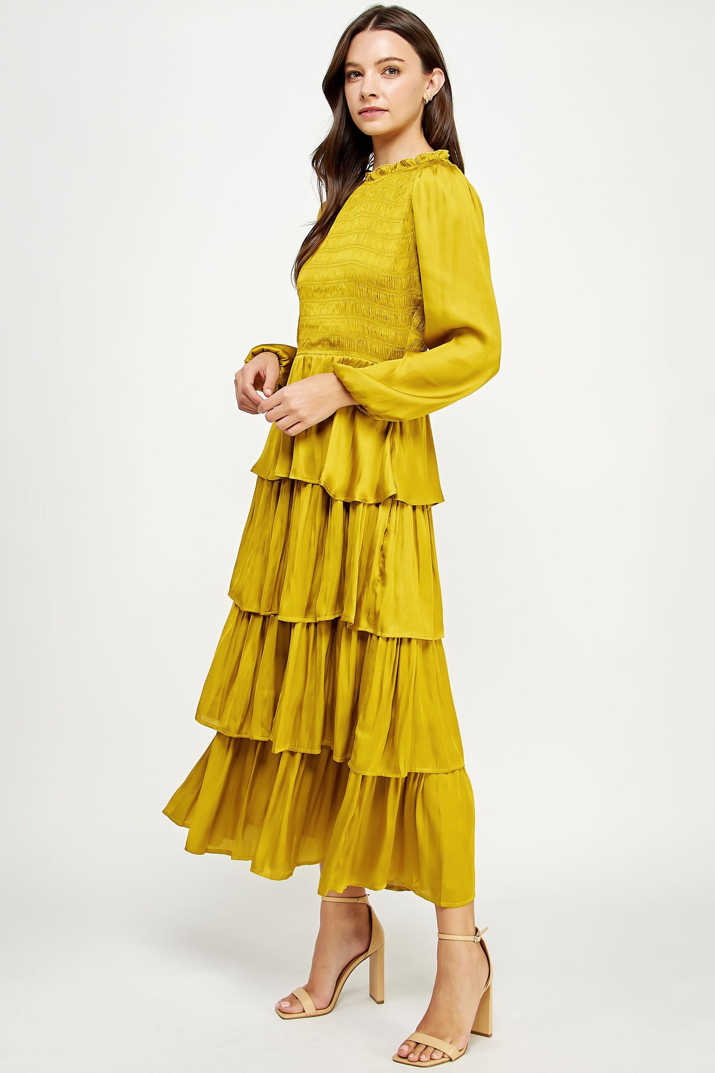 Smocked Detail Satin Tiered Dress