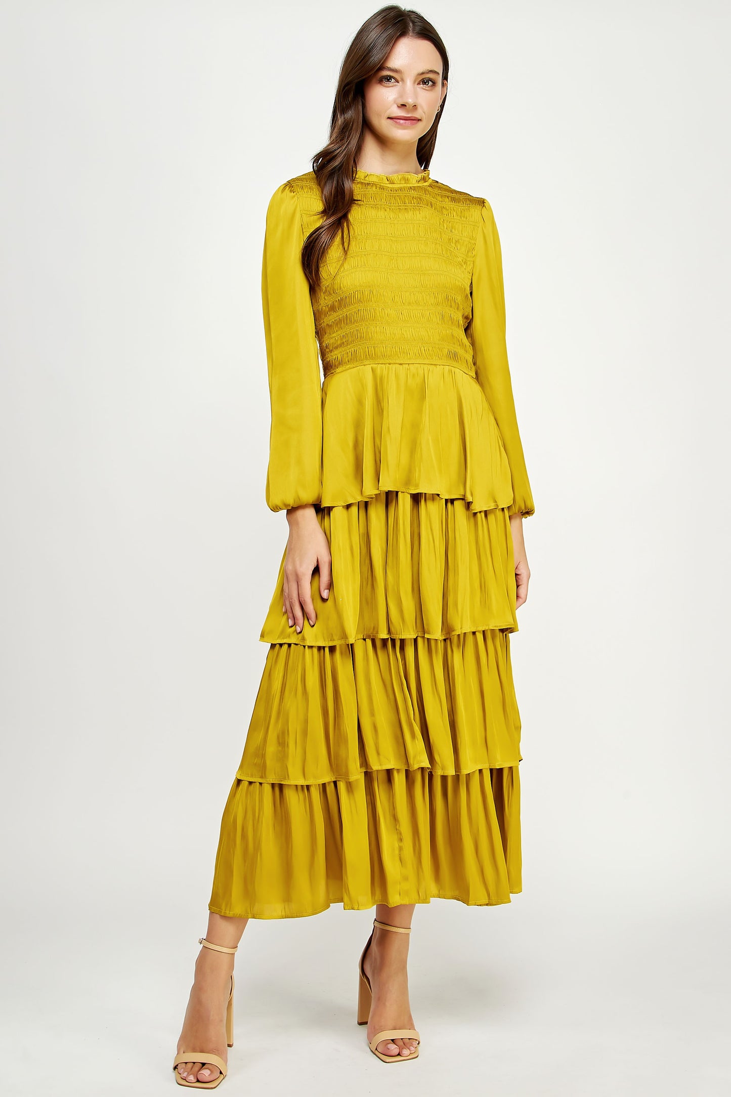 Smocked Detail Satin Tiered Dress