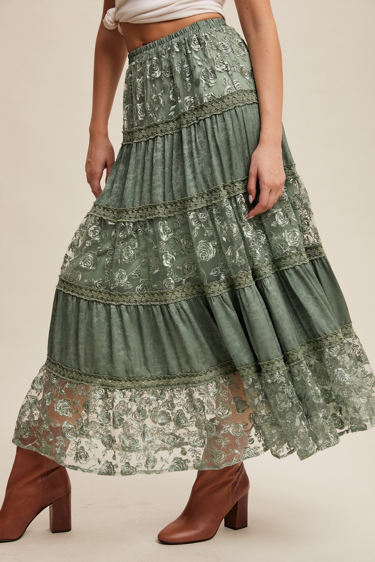 Floral Embroidered Tiered Maxi Skirt