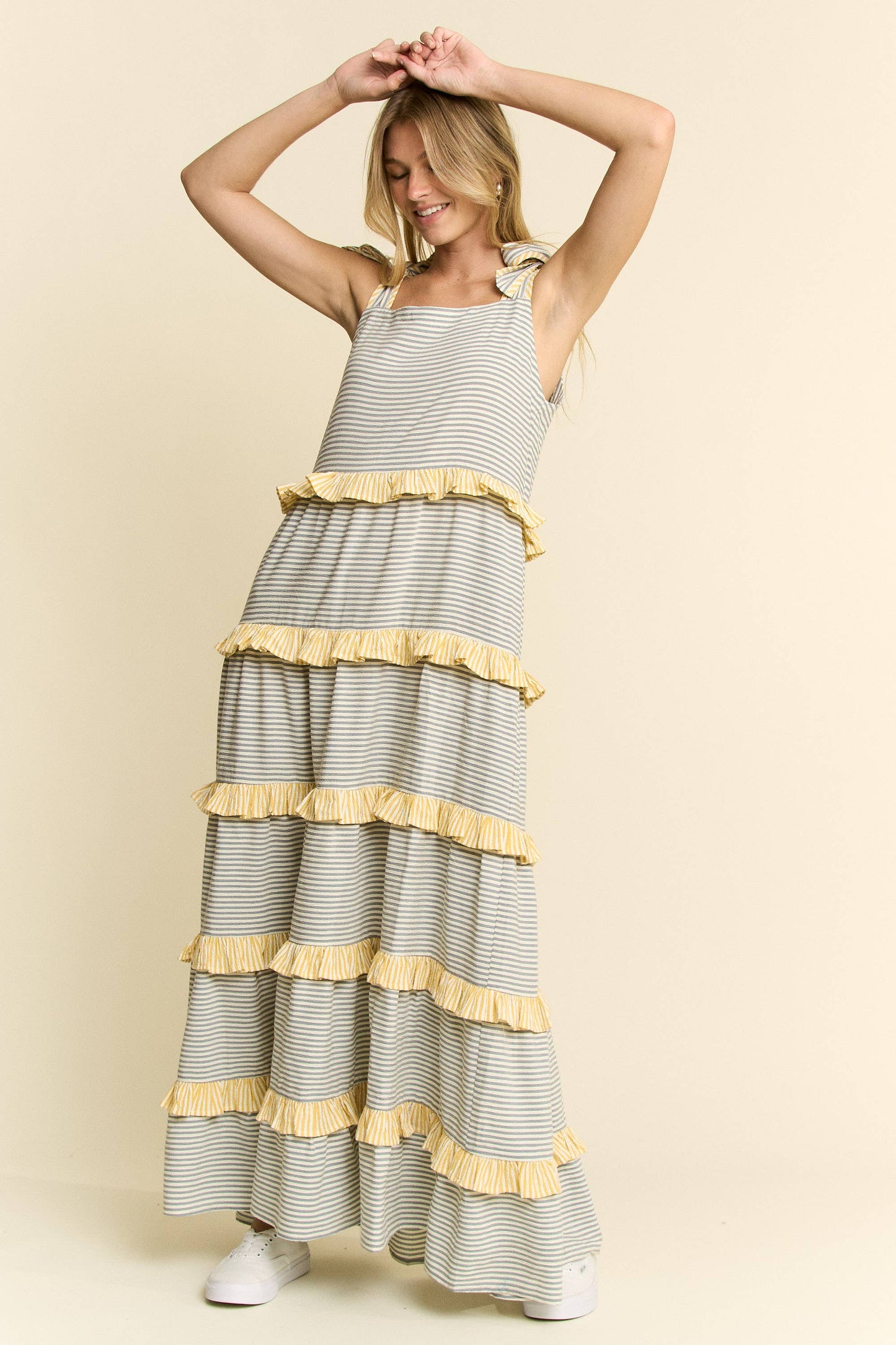 STRIPED TWO TONE TIERED MAXI DRESS