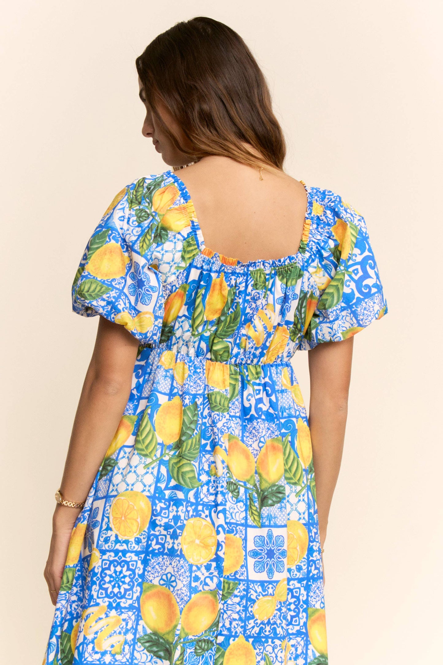 PLUS LEMON AZULEJO PUFFED SLEEVE SMOCK MIDI DRESS
