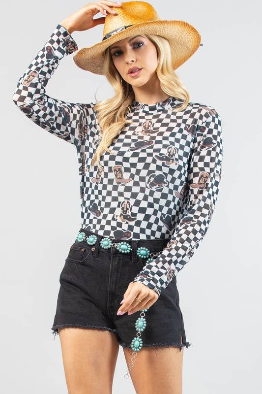 AV1230-VALERIE-5442 WESTERN PRINT CHECKERS PRINT MESH TOP