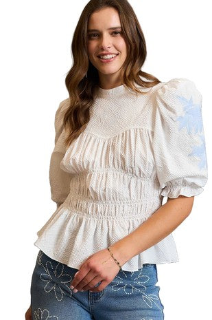 Peplum Blouse with Embroidered on Puff Sleeves